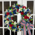 Patriotic Wreath Red Roses, Lilies, Hydrangeas Stars Stripes Bow