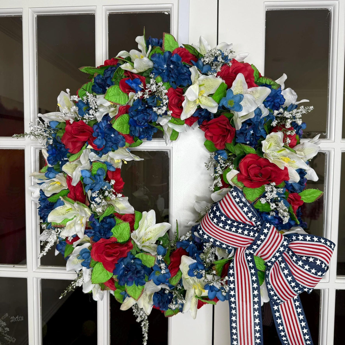 Patriotic Wreath Red Roses, Lilies, Hydrangeas Stars Stripes Bow