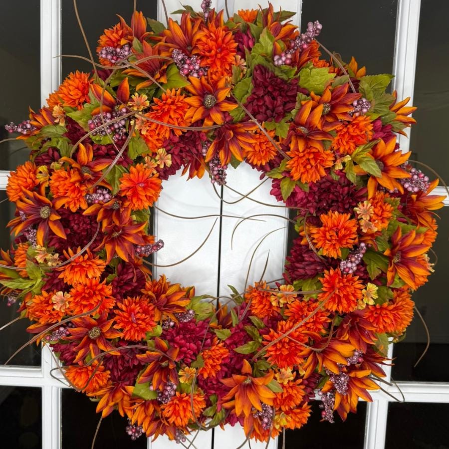Large Autumn Wreath: Orange Burgundy Floral Harvest Door Decor (24-26 Inch)