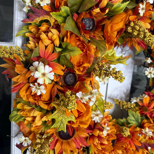 Autumn Harvest Wreath – Vibrant Sunflowers, Golden Blooms & Fall Foliage Door Décor