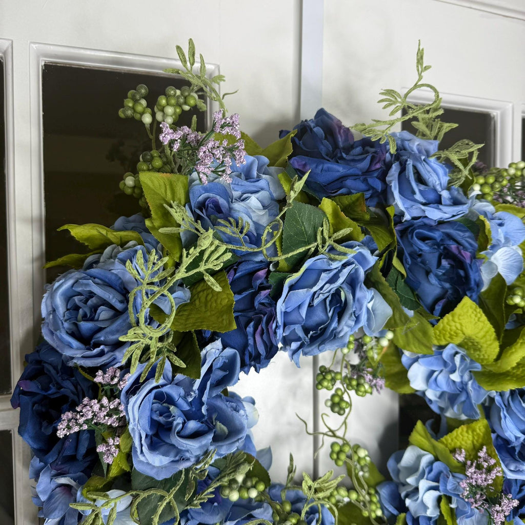 Large Midnight Bloom Wreath Navy Periwinkle Blue Roses with Green Berries and Lavender Accents