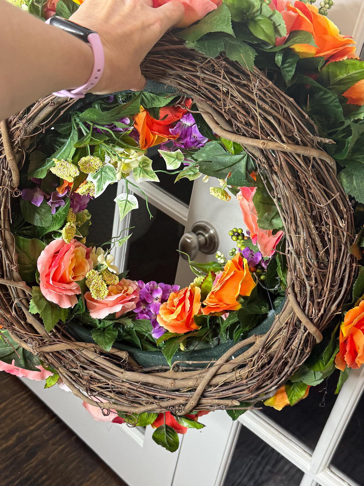 Large Summer Garden Bloom Floral Wreath – Coral Roses, Pink Roses & Purple