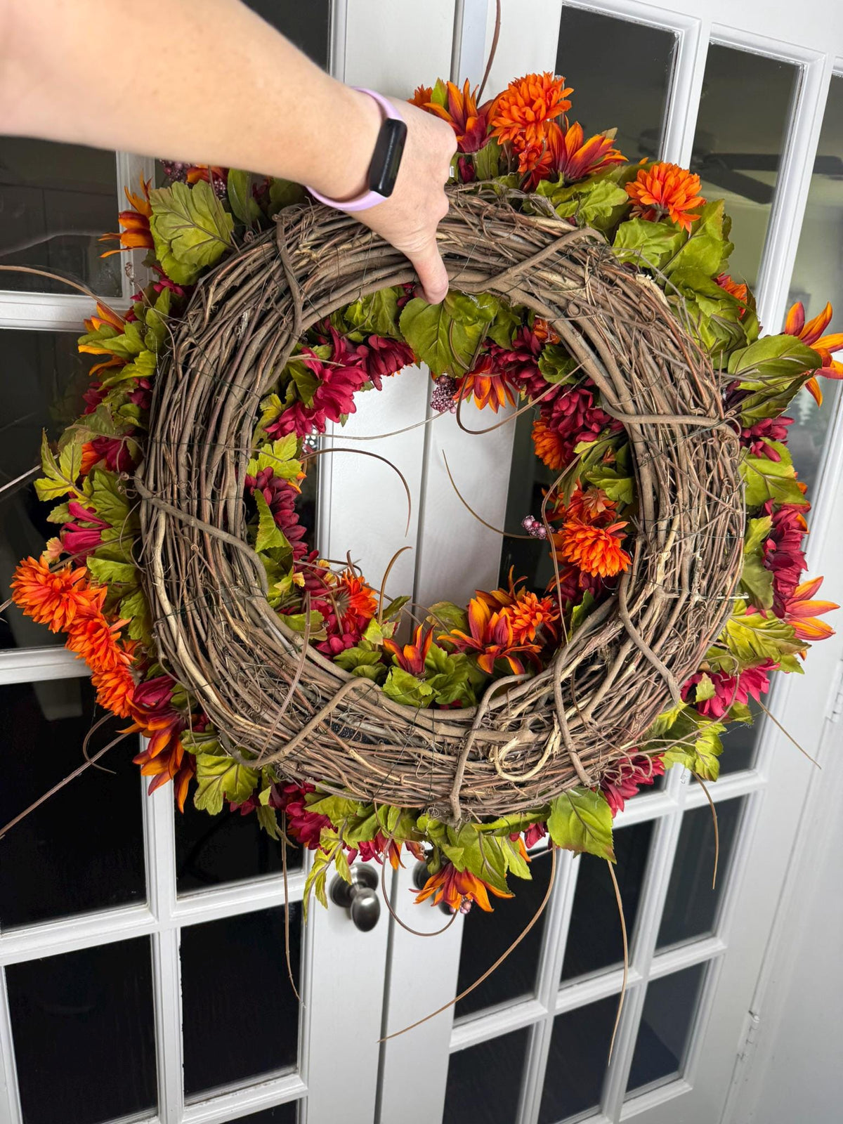 Large Autumn Wreath: Orange Burgundy Floral Harvest Door Decor (24-26 Inch)
