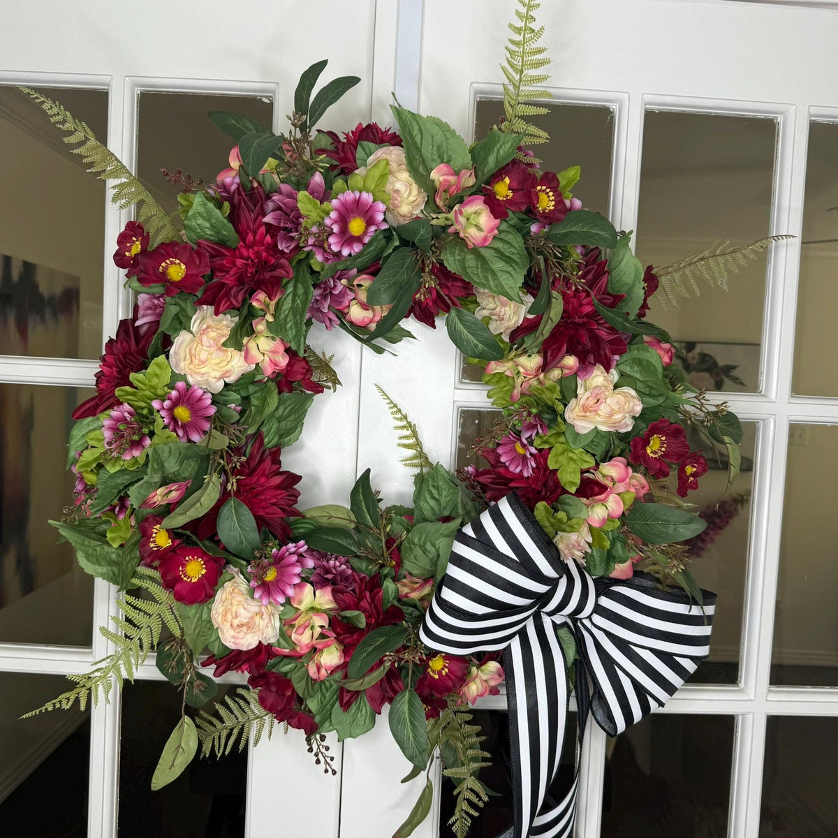 Crimson Garden Wreath – Burgundy & Blush Florals with Striped Ribbon Bow