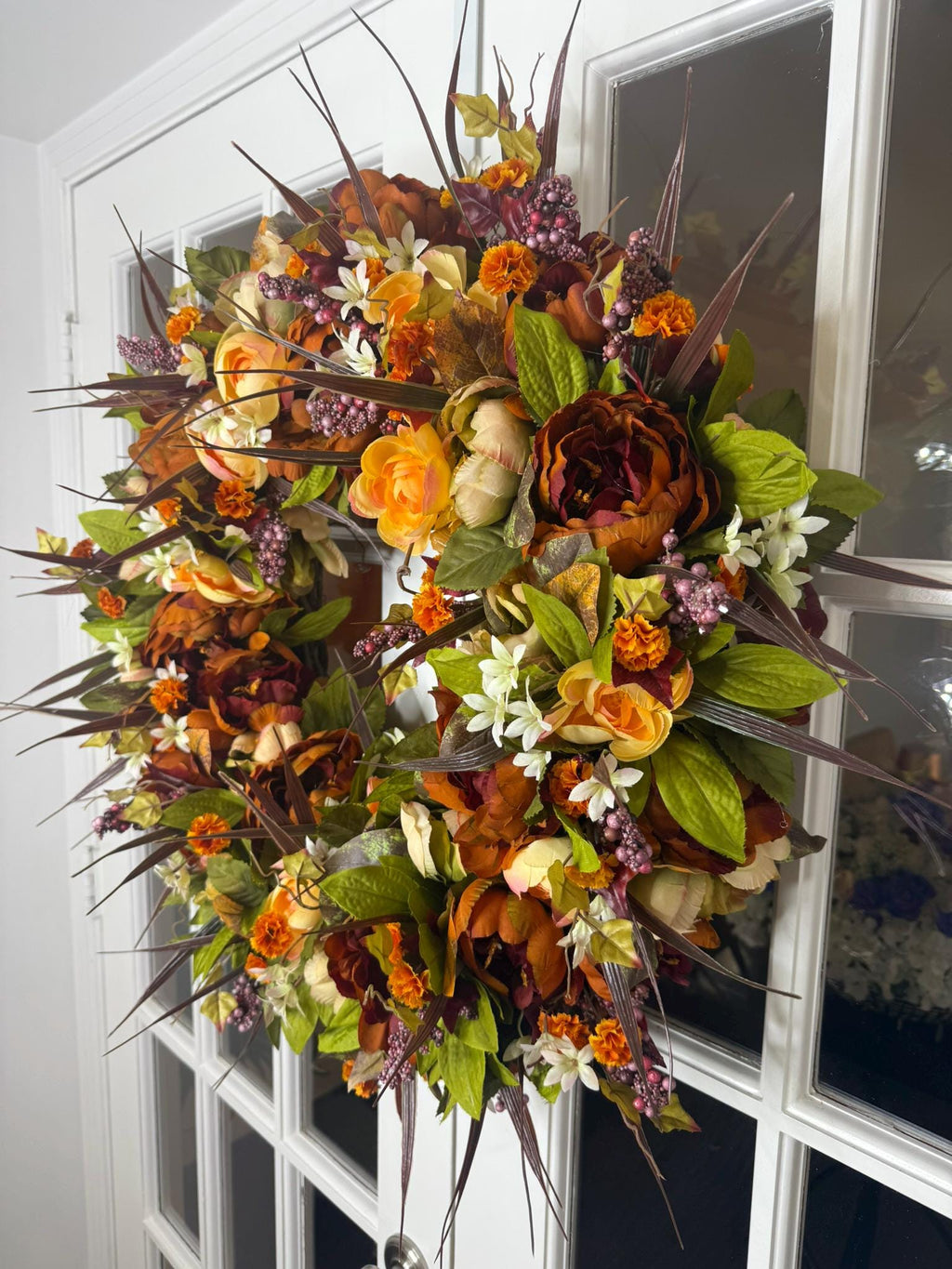 Extra Full Autumn Harvest Wreath: Orange Ranunculus, Cream Roses