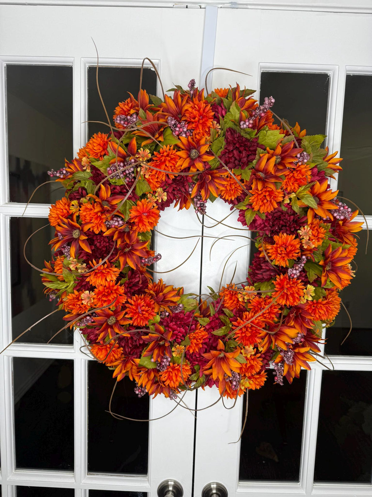 Large Autumn Wreath: Orange Burgundy Floral Harvest Door Decor (24-26 Inch)