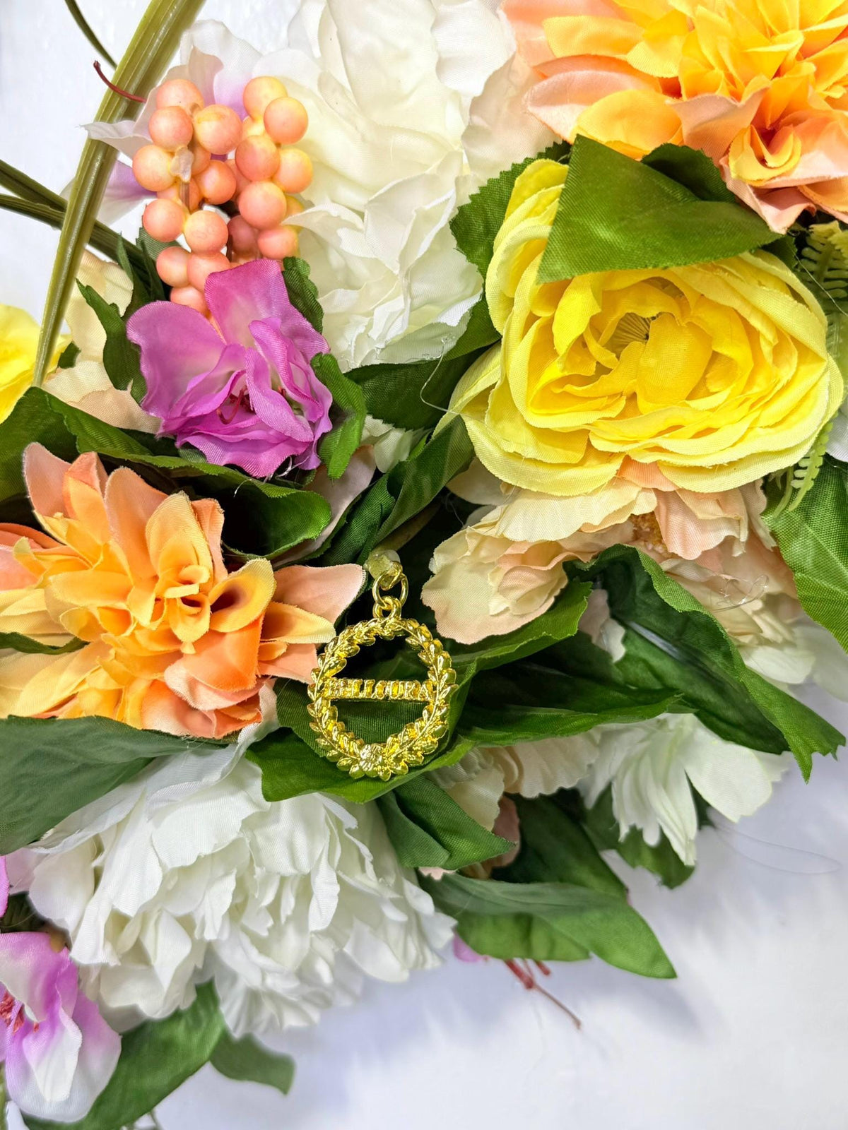 Belloura Summer Garden Wreath, Coral Pink Yellow Roses, Greenery (22-24" Diameter)