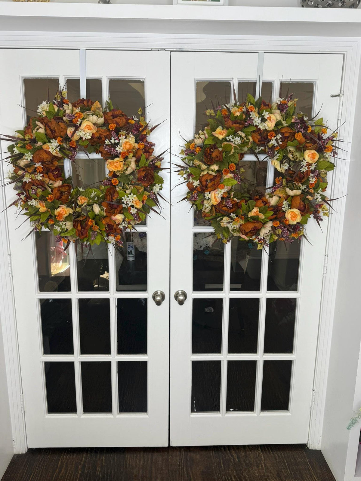 Extra Full Autumn Harvest Wreath: Orange Ranunculus, Cream Roses