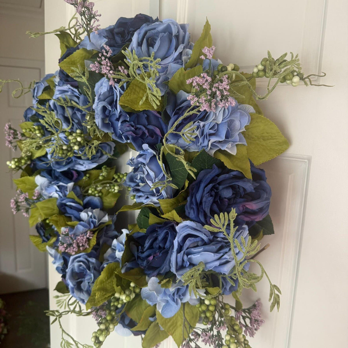 Medium Midnight Bloom Wreath Navy Periwinkle Blue Roses with Green Berries and Lavender Accents