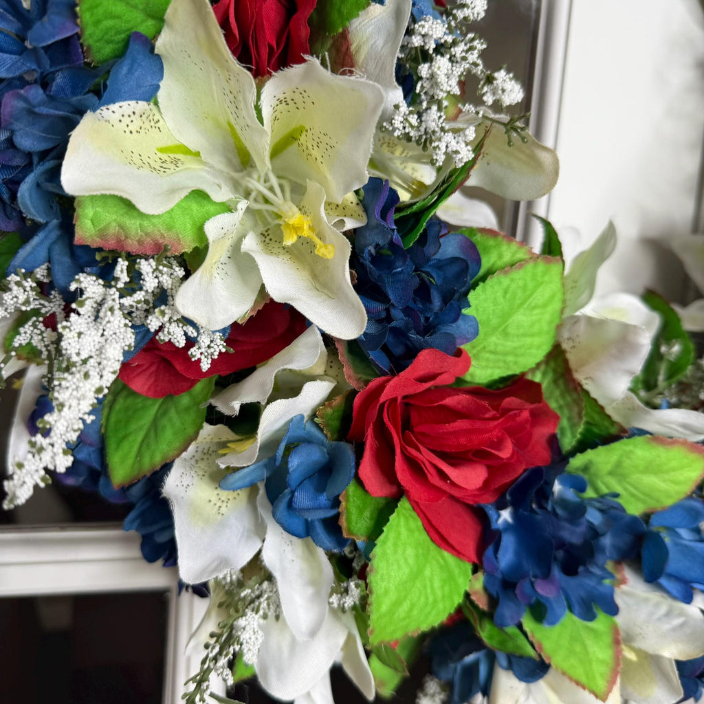 Patriotic Wreath Red Roses, Lilies, Hydrangeas Stars Stripes Bow