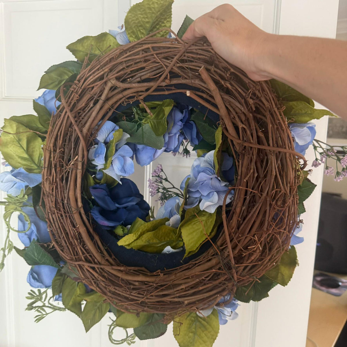 Small Midnight Bloom Wreath Navy Periwinkle Blue Roses with Green Berries and Lavender Accents