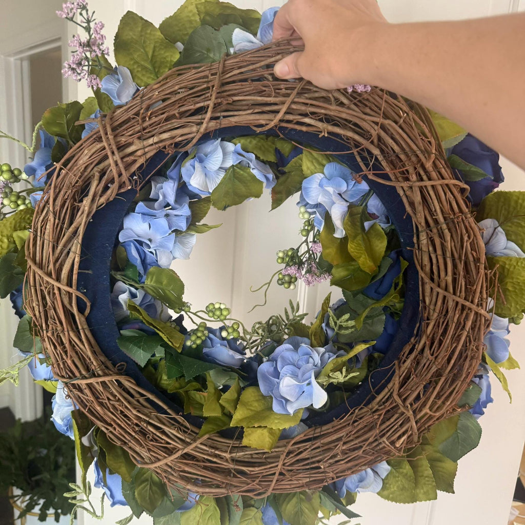 Large Midnight Bloom Wreath Navy Periwinkle Blue Roses with Green Berries and Lavender Accents