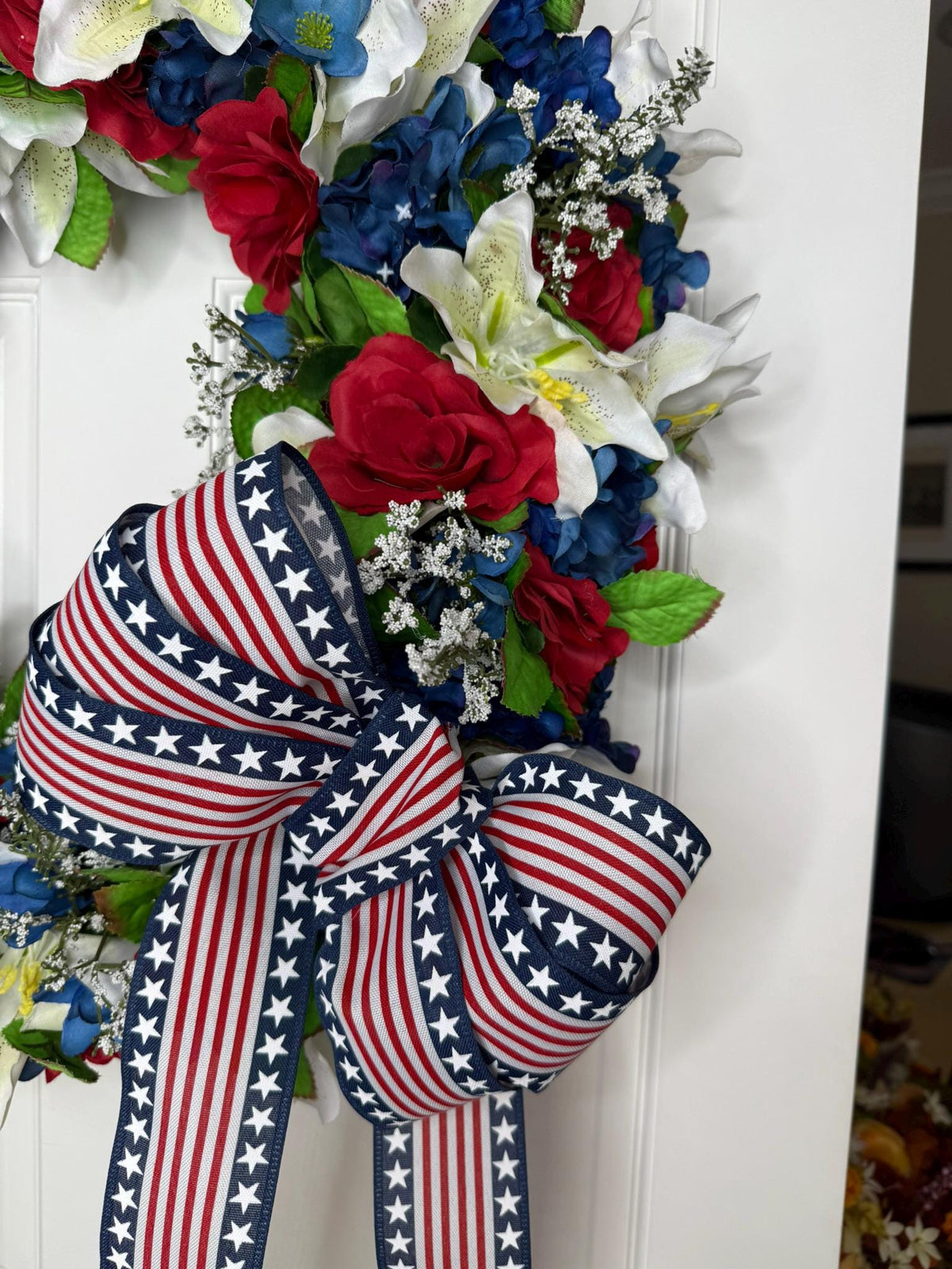 Patriotic Wreath Red Roses, Lilies, Hydrangeas Stars Stripes Bow
