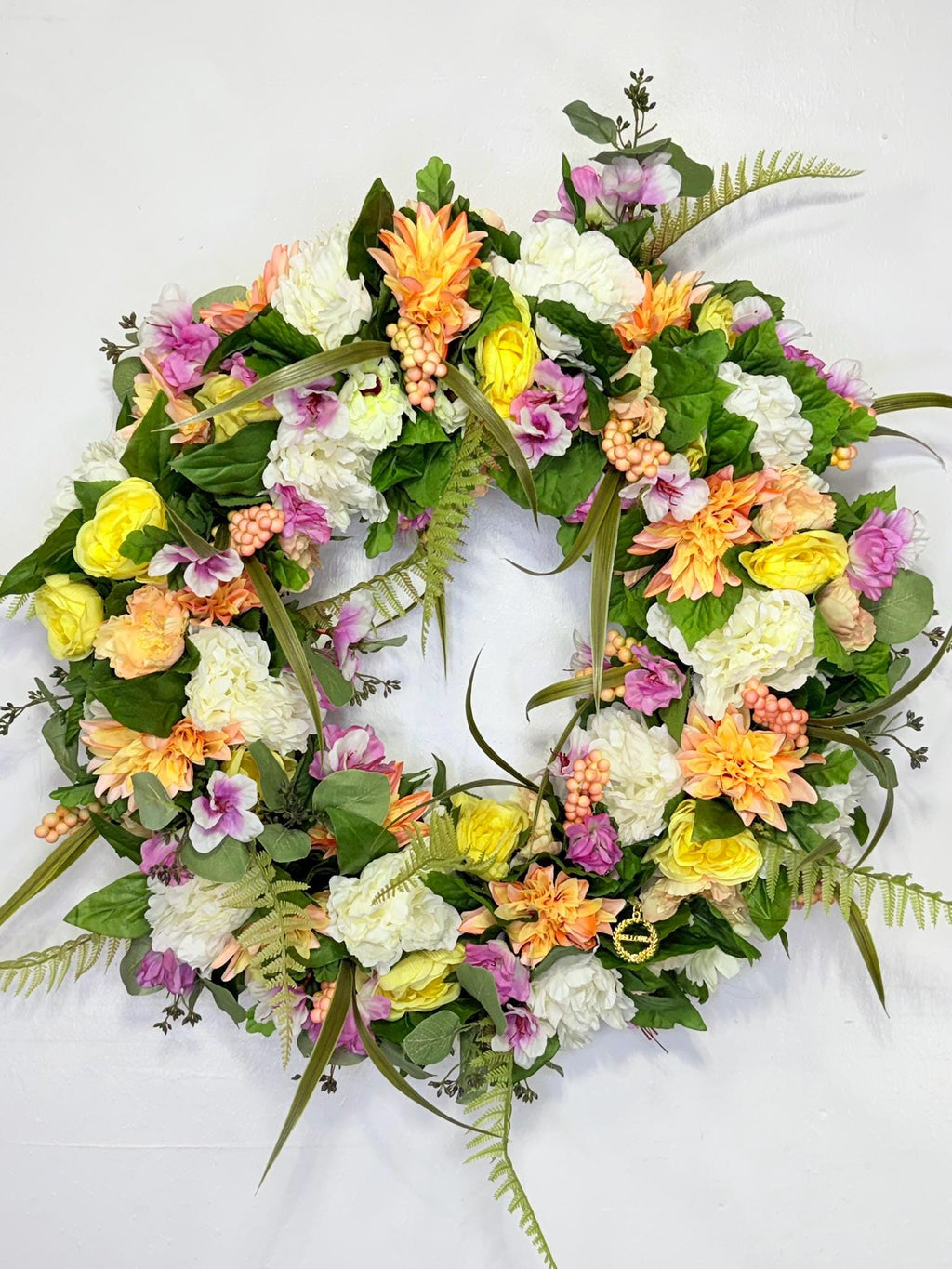 Belloura Summer Garden Wreath, Coral Pink Yellow Roses, Greenery (22-24" Diameter)