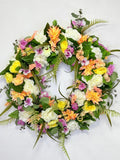 Belloura Summer Garden Wreath, Coral Pink Yellow Roses, Greenery (22-24" Diameter)