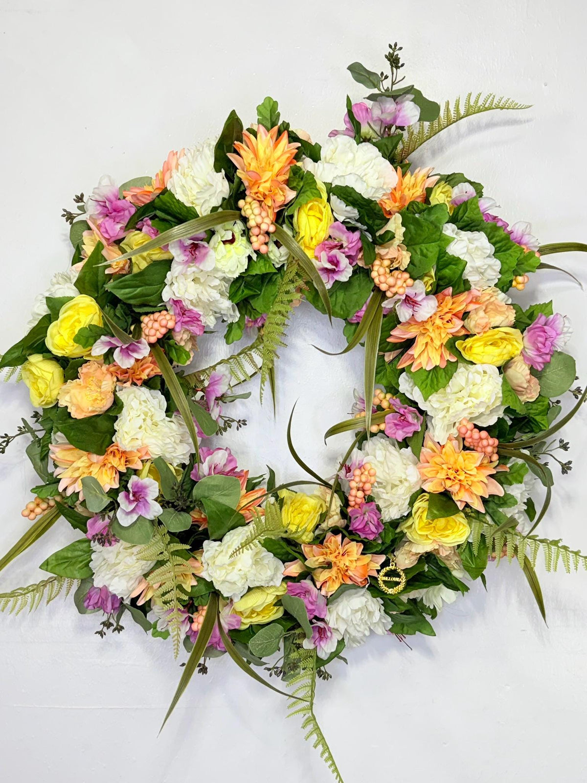 Belloura Summer Garden Wreath, Coral Pink Yellow Roses, Greenery (22-24" Diameter)