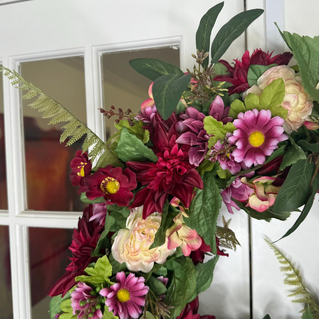 Crimson Garden Wreath – Burgundy & Blush Florals with Striped Ribbon Bow