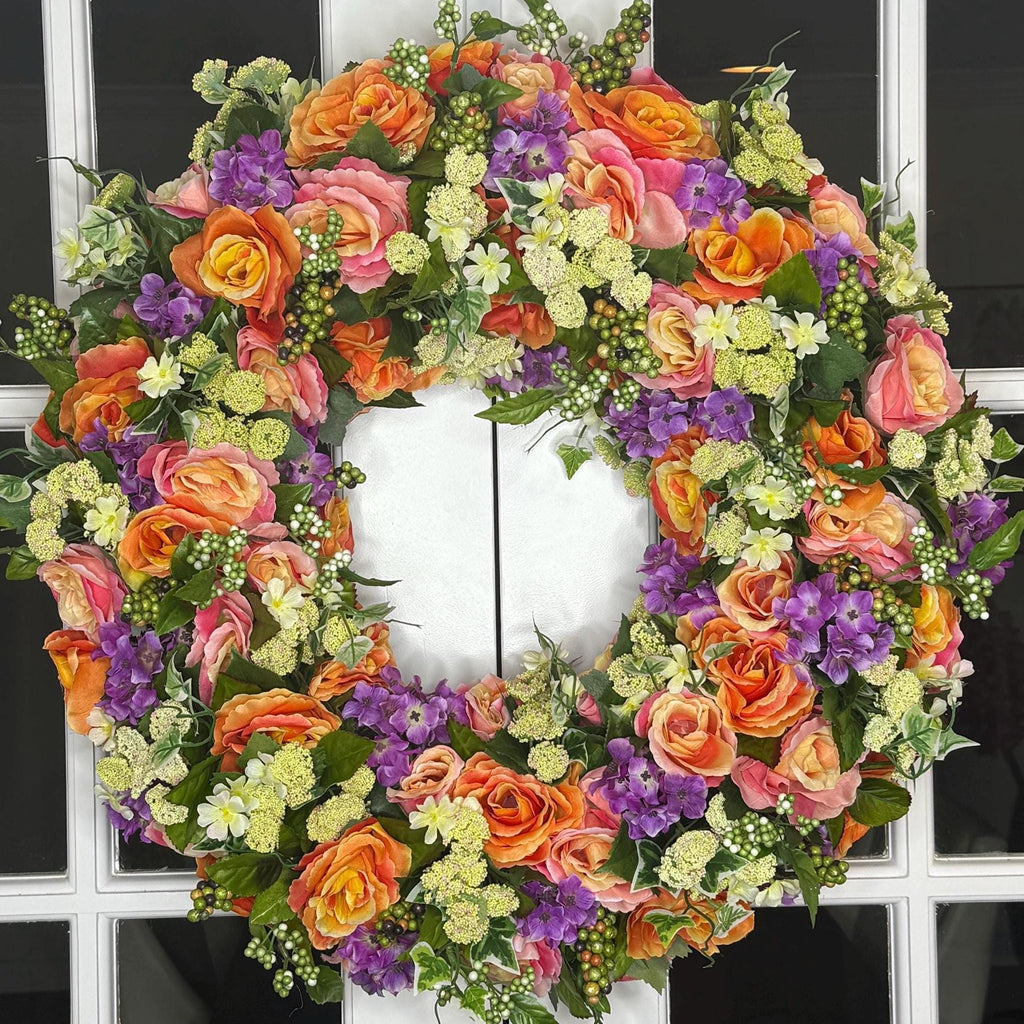 Large Summer Garden Bloom Floral Wreath – Coral Roses, Pink Roses & Purple