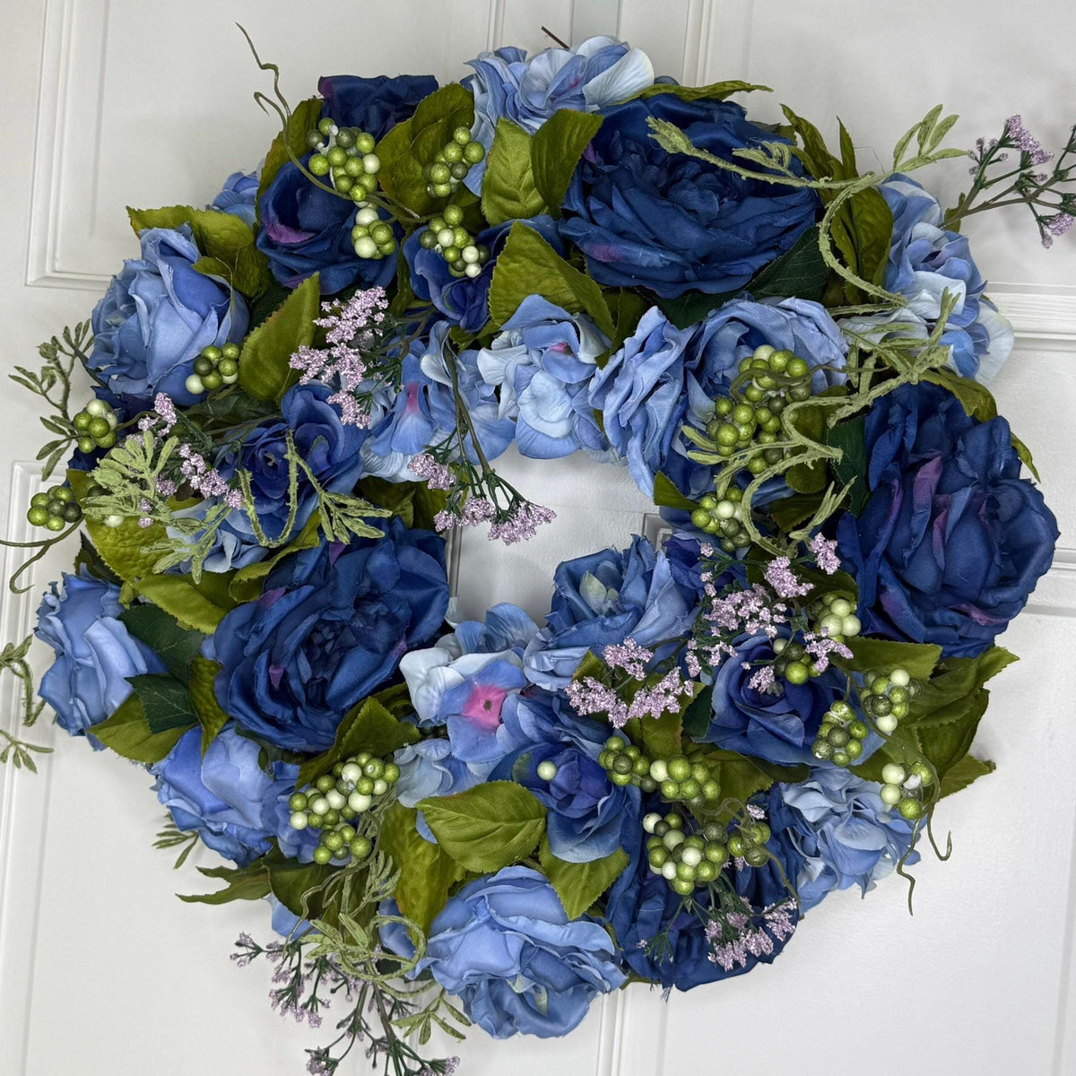 Small Midnight Bloom Wreath Navy Periwinkle Blue Roses with Green Berries and Lavender Accents