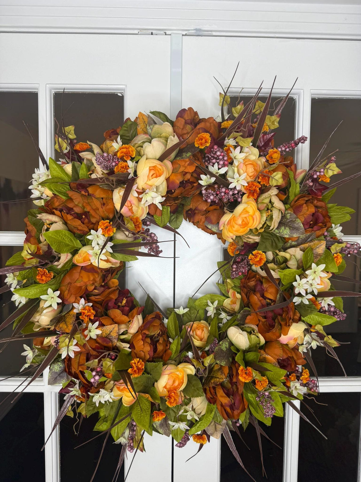 Extra Full Autumn Harvest Wreath: Orange Ranunculus, Cream Roses