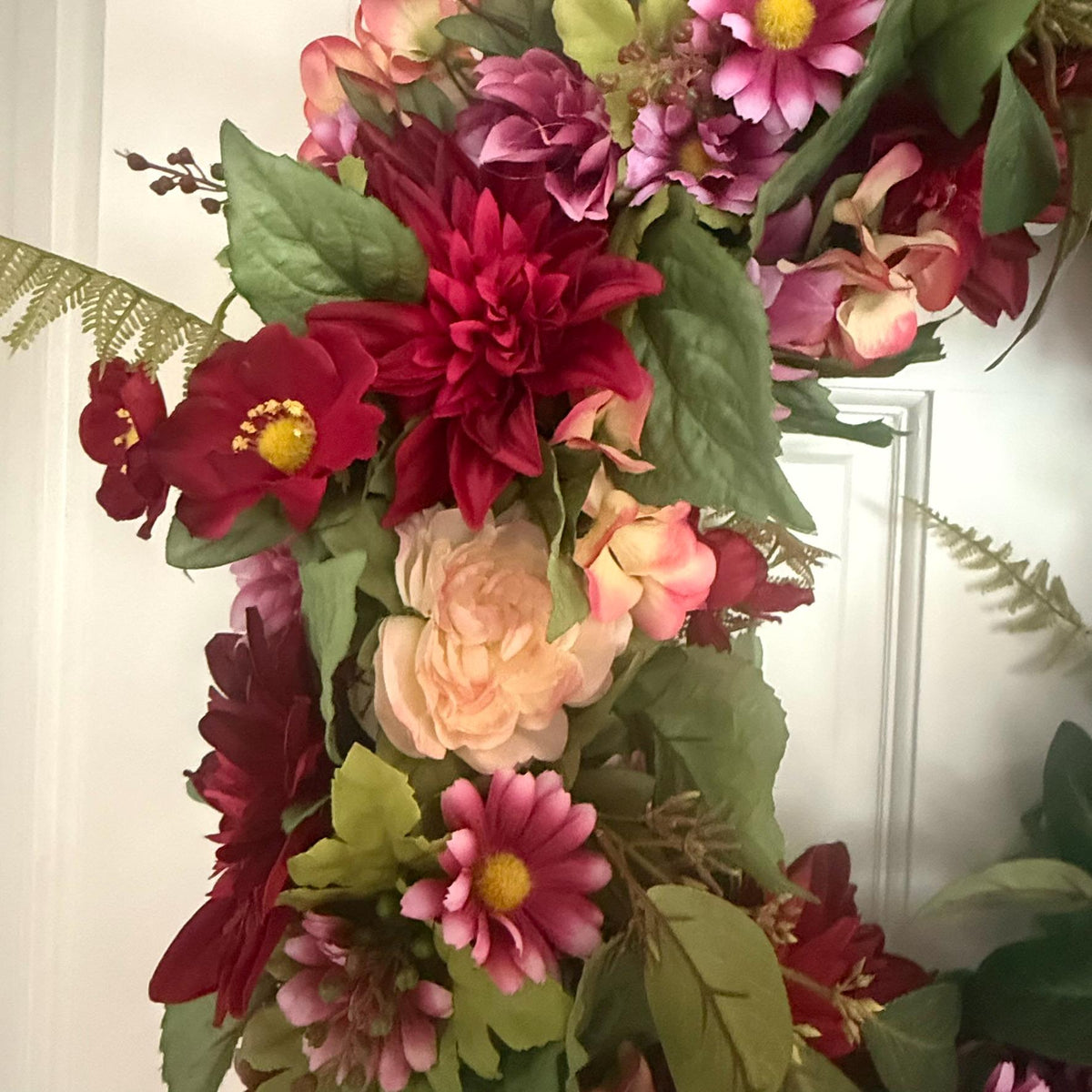 Crimson Garden Wreath – Burgundy & Blush Florals with Striped Ribbon Bow