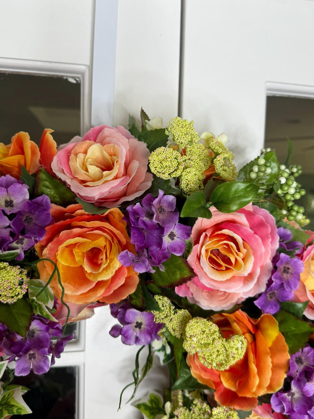 Medium Summer Garden Bloom Floral Wreath – Coral Roses, Pink Roses & Purple