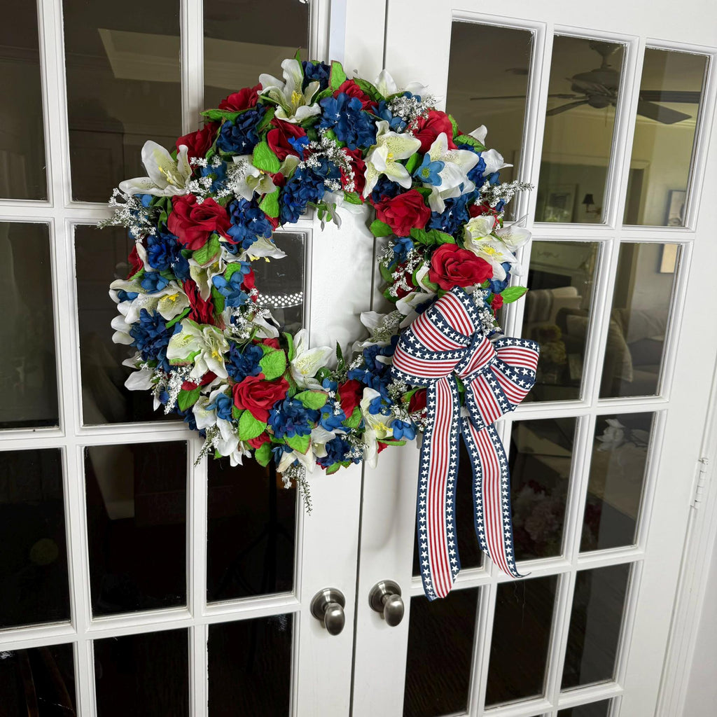 Patriotic Wreath Red Roses, Lilies, Hydrangeas Stars Stripes Bow