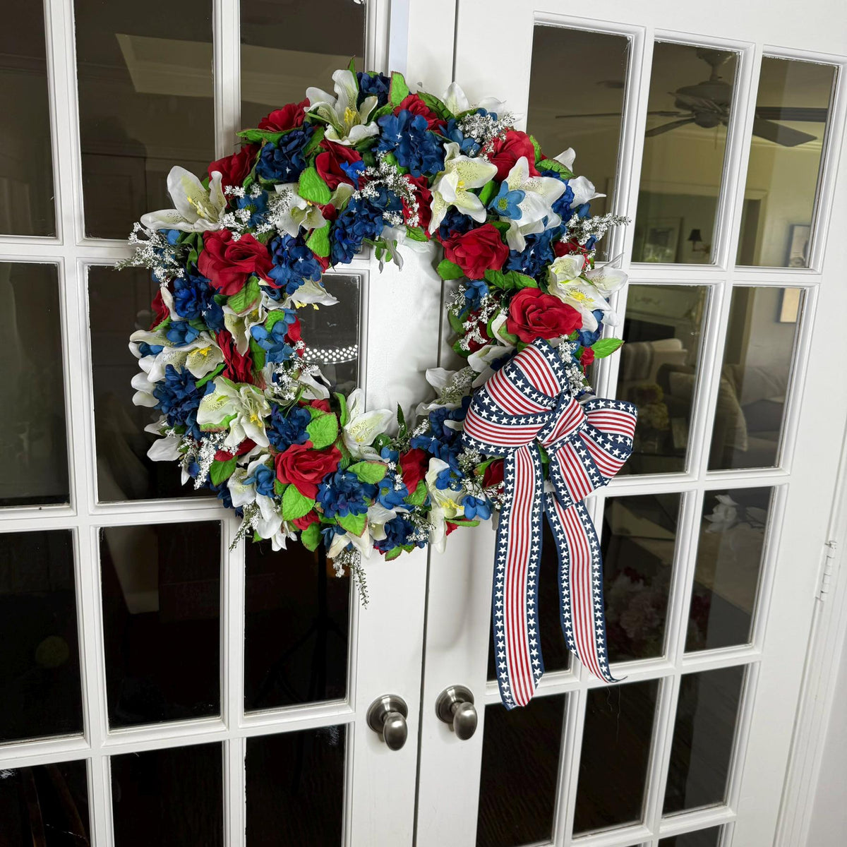 Patriotic Wreath Red Roses, Lilies, Hydrangeas Stars Stripes Bow