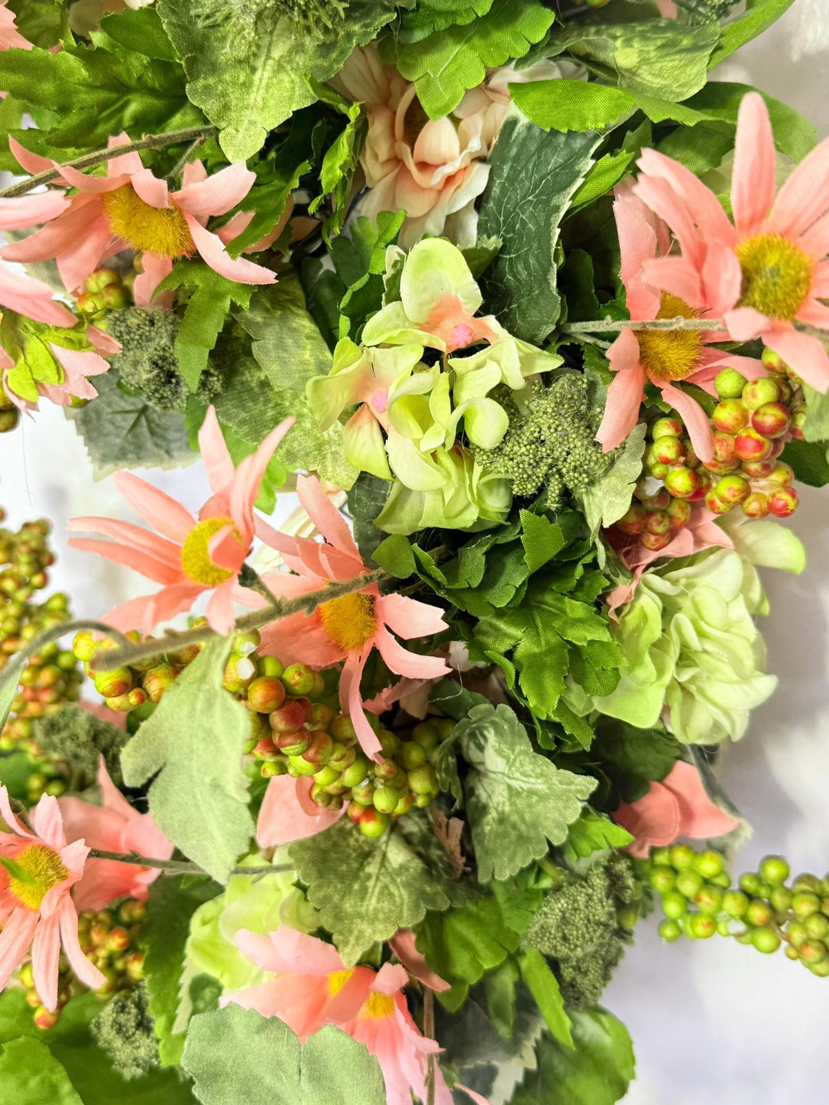 Pink Daisy Wreath, Green Hydrangea Front Door , Spring Summer Floral , Cottage Garden, Wildflower Decor