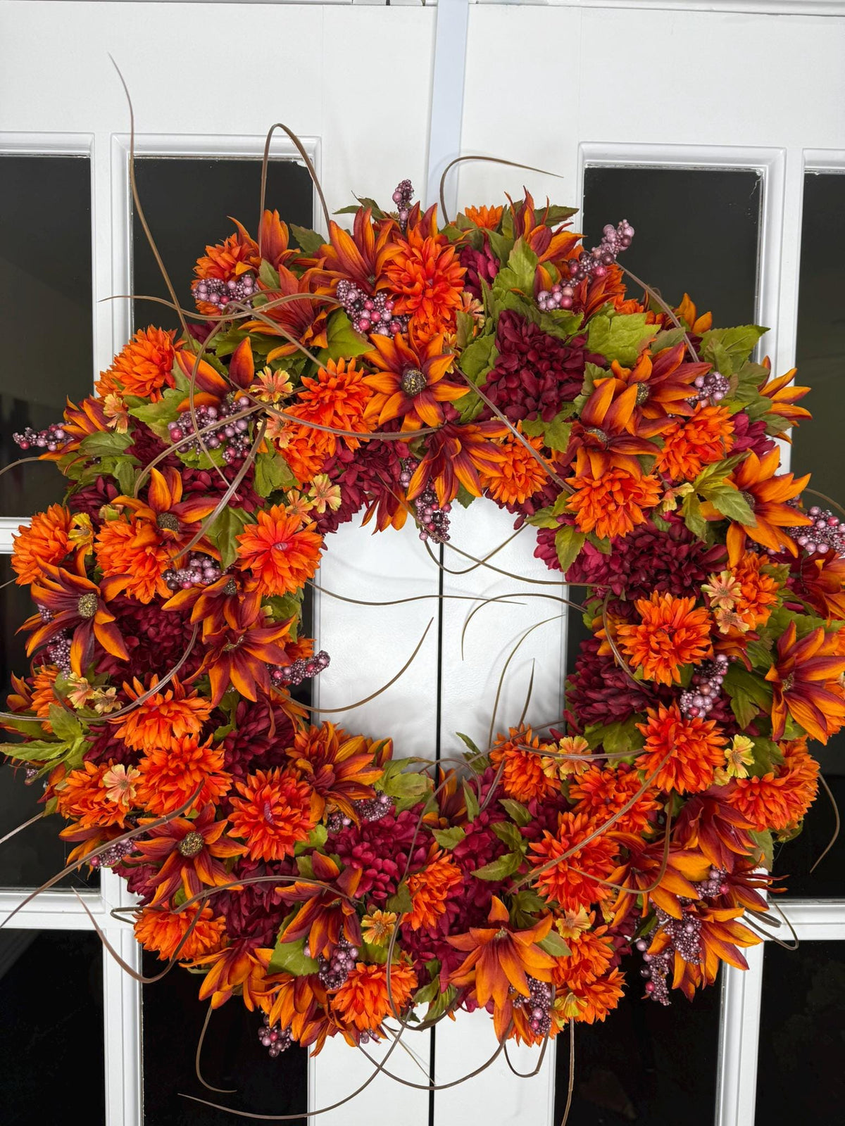 Large Autumn Wreath: Orange Burgundy Floral Harvest Door Decor (24-26 Inch)