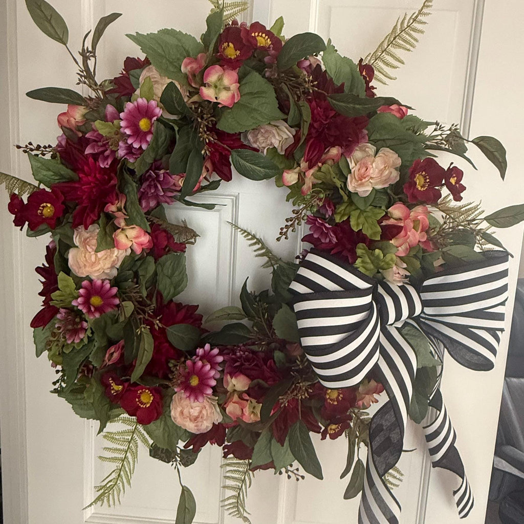 Crimson Garden Wreath – Burgundy & Blush Florals with Striped Ribbon Bow
