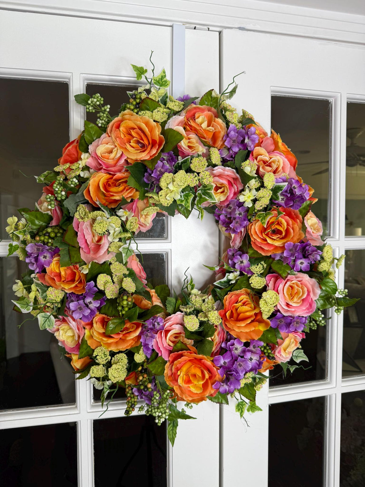 Medium Summer Garden Bloom Floral Wreath – Coral Roses, Pink Roses & Purple