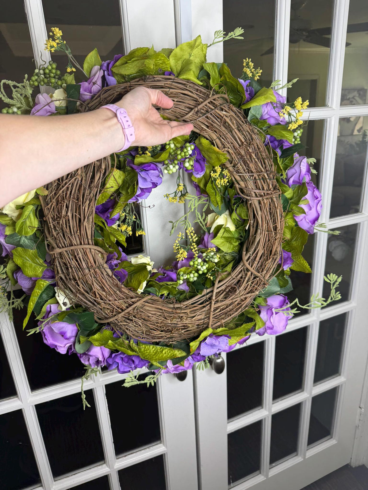 Handcrafted Floral Wreath: Purple & Yellow Roses, Farmhouse Decor