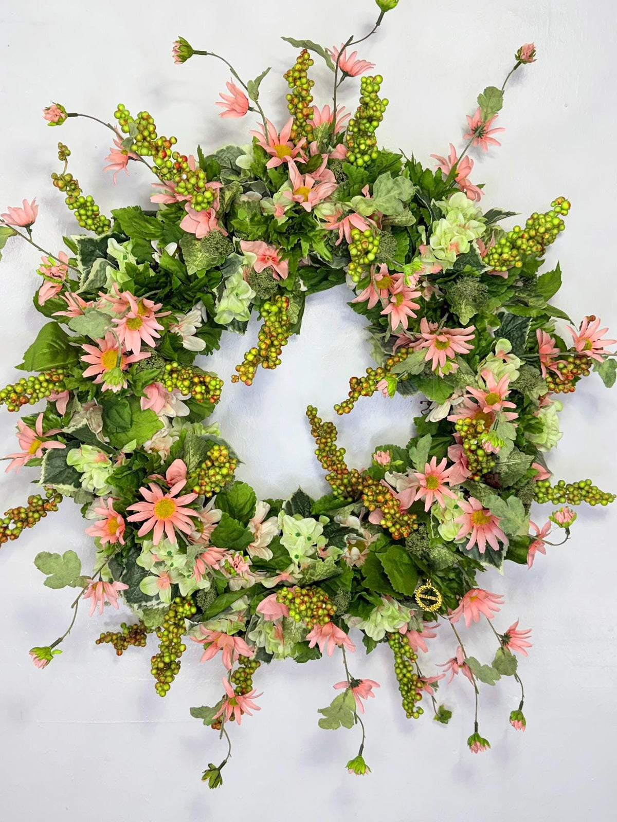 Pink Daisy Wreath, Green Hydrangea Front Door , Spring Summer Floral , Cottage Garden, Wildflower Decor