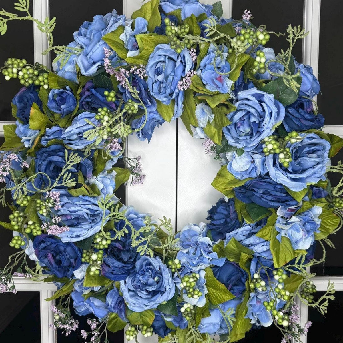 Large Midnight Bloom Wreath Navy Periwinkle Blue Roses with Green Berries and Lavender Accents