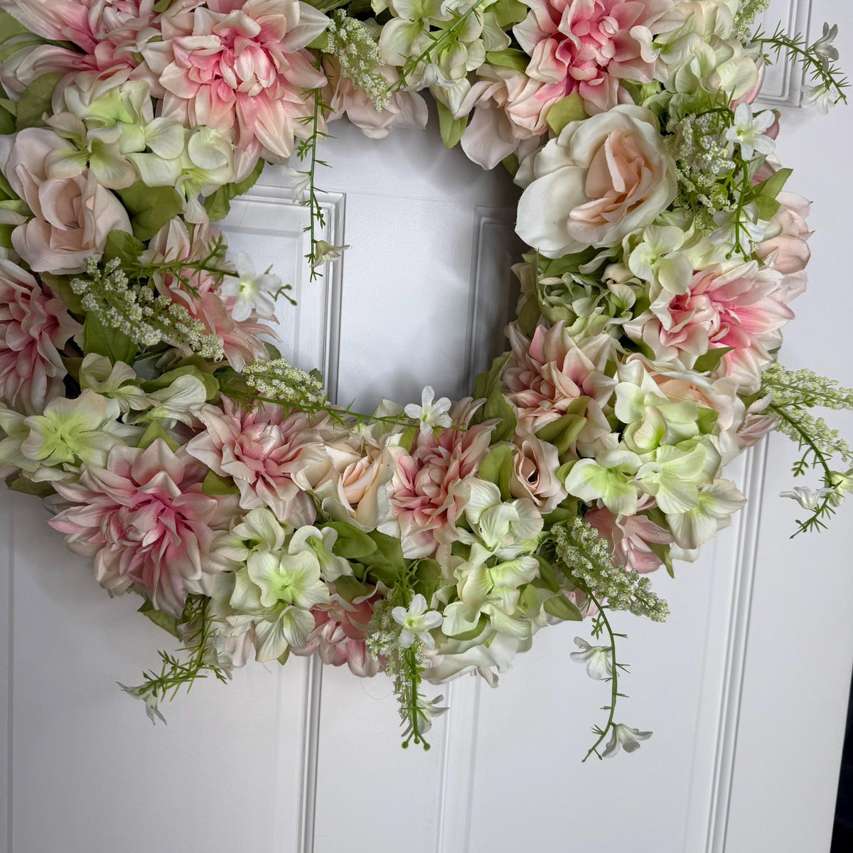 Medium Blush Petal Whisper Wreath  Soft Pink  Ivory Florals with Sage Green Accents