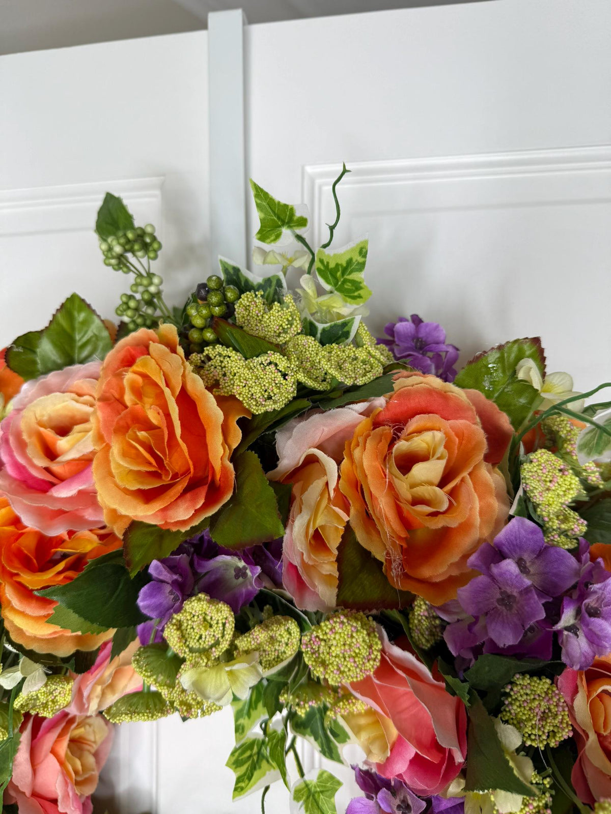 Medium Summer Garden Bloom Floral Wreath – Coral Roses, Pink Roses & Purple