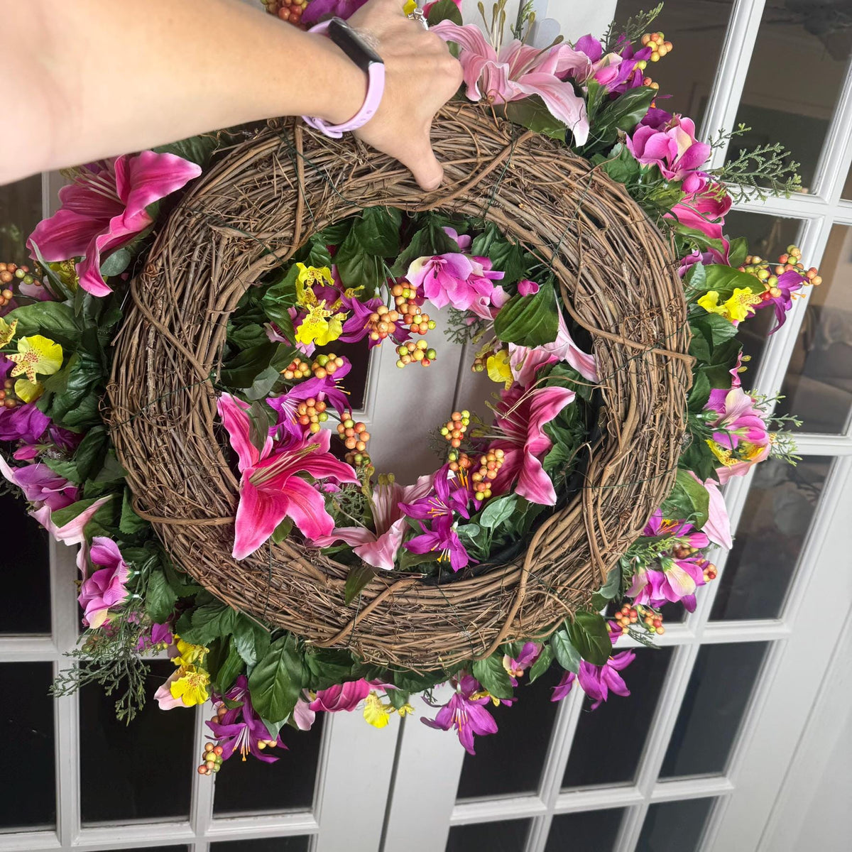 Pink Lily Purple Floral Wreath: Vibrant Summer Door Decor