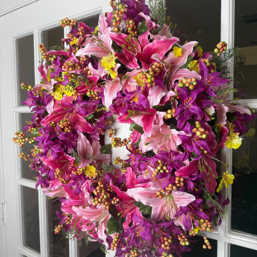 Pink Lily Purple Floral Wreath: Vibrant Summer Door Decor
