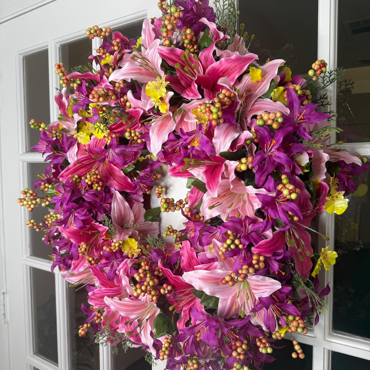Pink Lily Purple Floral Wreath: Vibrant Summer Door Decor