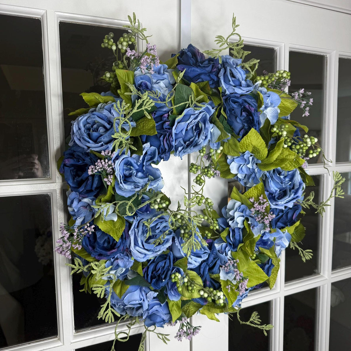 Large Midnight Bloom Wreath Navy Periwinkle Blue Roses with Green Berries and Lavender Accents