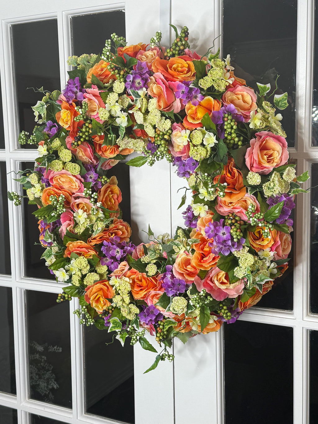 Large Summer Garden Bloom Floral Wreath – Coral Roses, Pink Roses & Purple