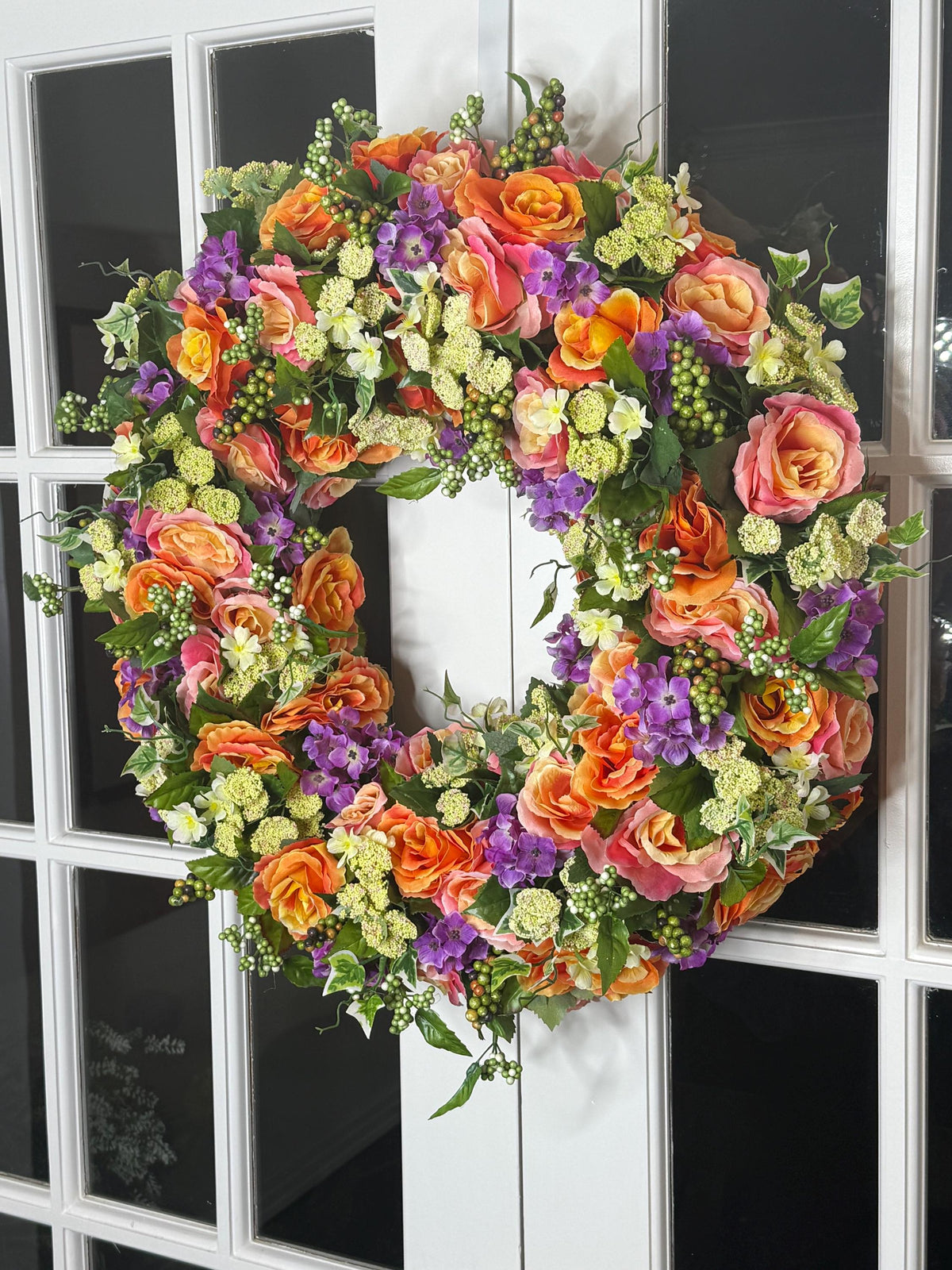 Large Summer Garden Bloom Floral Wreath – Coral Roses, Pink Roses & Purple