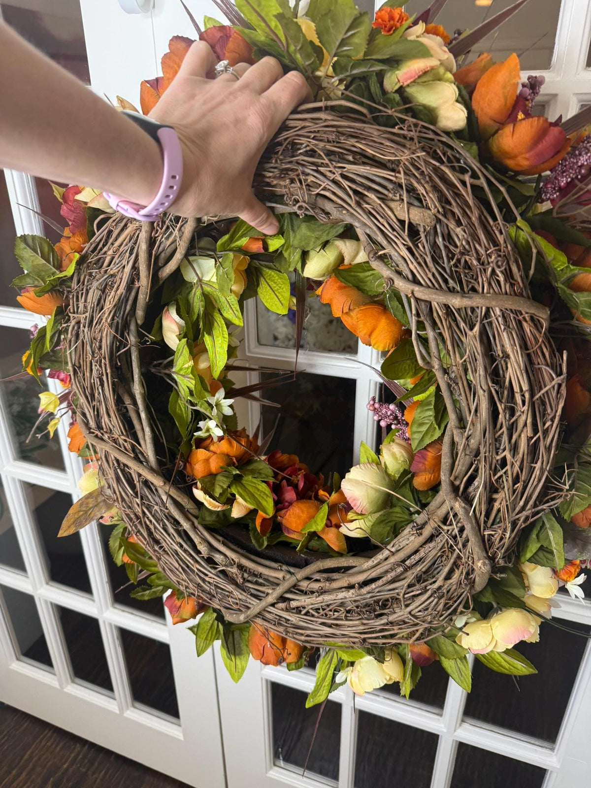 Extra Full Autumn Harvest Wreath: Orange Ranunculus, Cream Roses