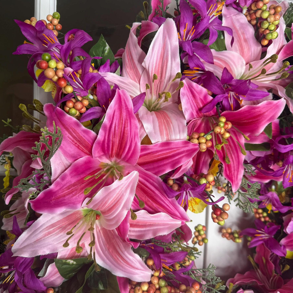 Pink Lily Purple Floral Wreath: Vibrant Summer Door Decor