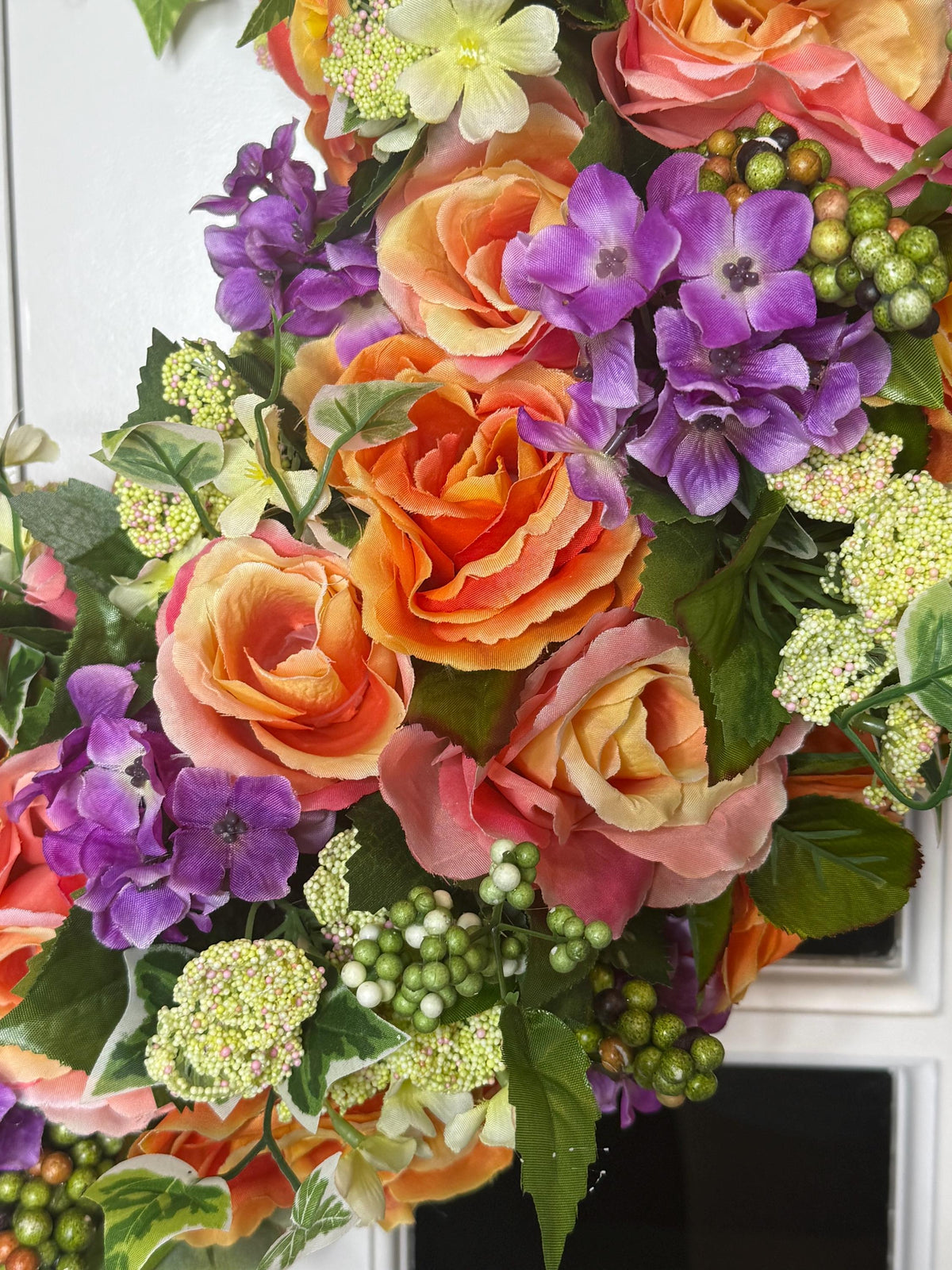 Large Summer Garden Bloom Floral Wreath – Coral Roses, Pink Roses & Purple