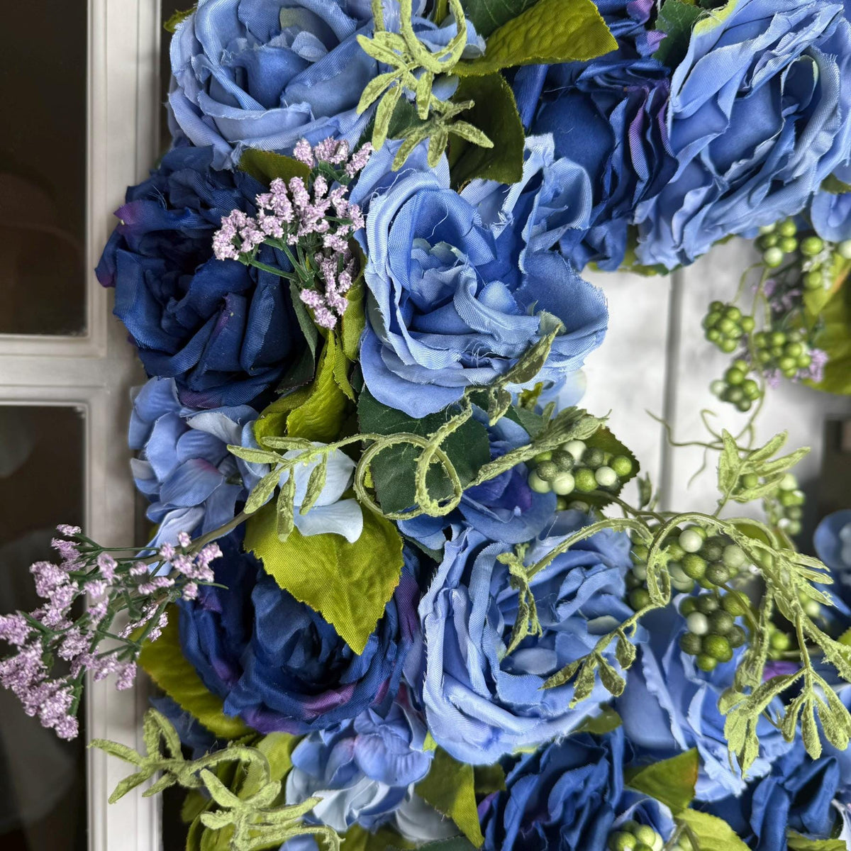 Large Midnight Bloom Wreath Navy Periwinkle Blue Roses with Green Berries and Lavender Accents
