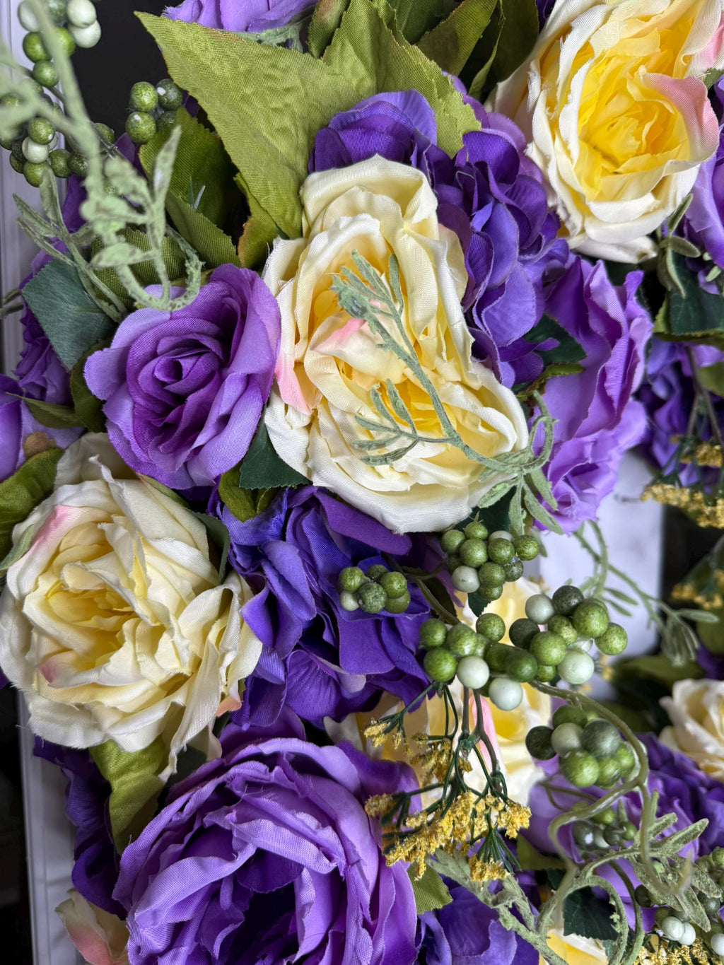 Handcrafted Floral Wreath: Purple & Yellow Roses, Farmhouse Decor
