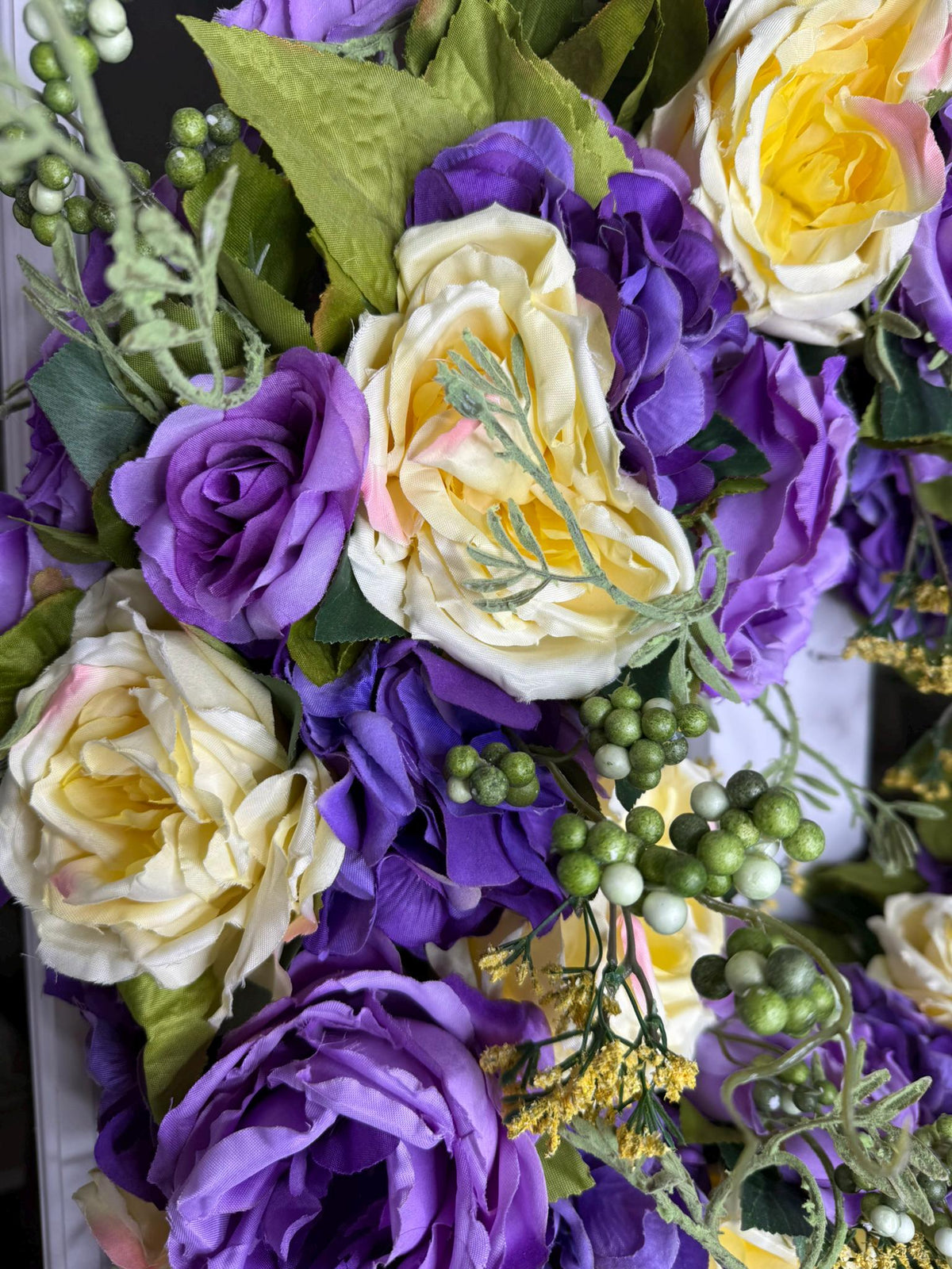 Handcrafted Floral Wreath: Purple & Yellow Roses, Farmhouse Decor