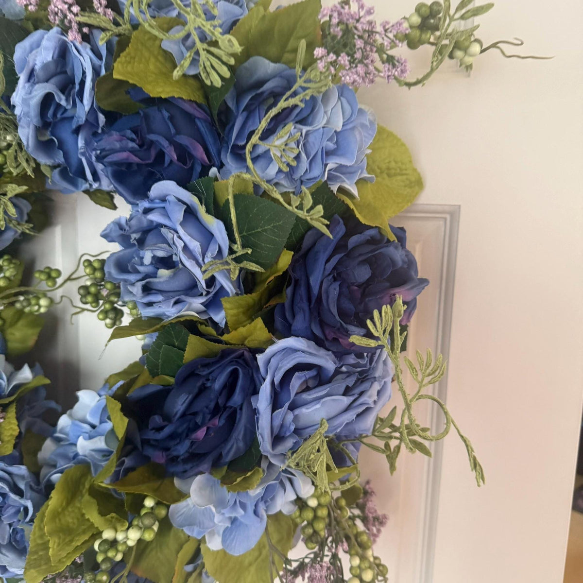 Small Midnight Bloom Wreath Navy Periwinkle Blue Roses with Green Berries and Lavender Accents